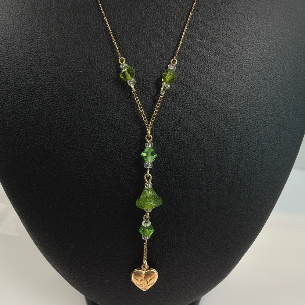 Vintage Gold Filled Heart Locket Y Drop Necklace Green Glass 18" Dainty Sweet
